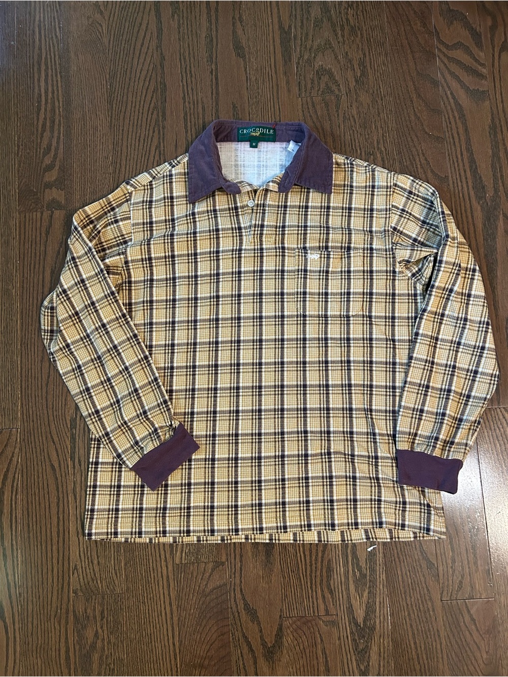 Men's Yellow Plaid Long-Sleeve Rugby Shirt with Purple Collar Size Medium
